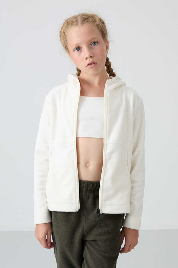 Tommylife Toptan 7-15 Yaş Kapüşonlu Standart Kalıp Kız Çocuk Polar Sweatshirt 75152 Ekru
