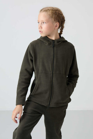 Tommylife Toptan 7-15 Yaş Kapüşonlu Standart Kalıp Kız Çocuk Polar Sweatshirt 75152 Haki
