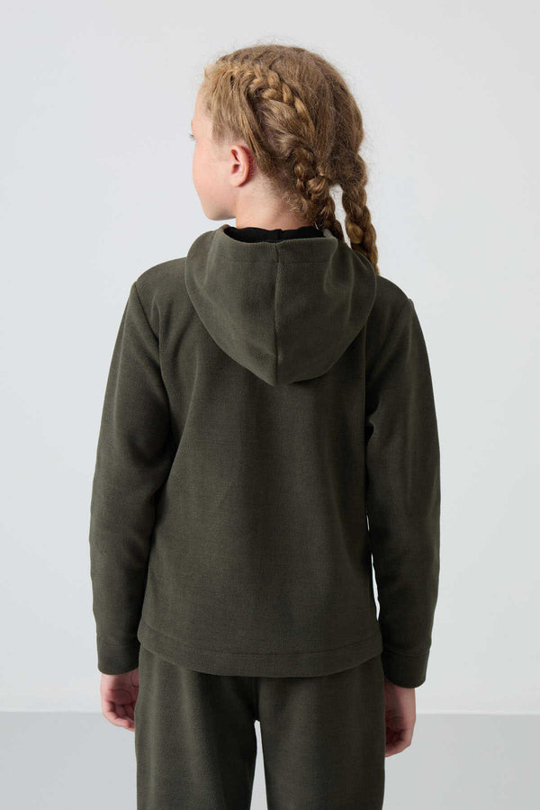 Tommylife Toptan 7-15 Yaş Kapüşonlu Standart Kalıp Kız Çocuk Polar Sweatshirt 75152 Haki