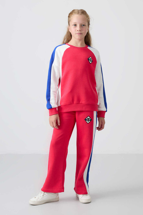 Tommylife Toptan 7-15 Yaş O Yaka Standart Kalıp Kız Çocuk Eşofman Takımı 75165 Viva Kırmızı