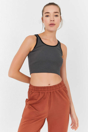 Maiou scurt pentru femei, fără mâneci, croială slim fit, cu guler în U, culoare antracit, Tommylife Wholesale - 97160
