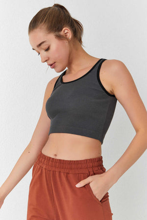Tommylife Toptan Antrasit Basic Sıfır Kol Dar Kalıp U Yaka Kadın Crop Top Atlet - 97160