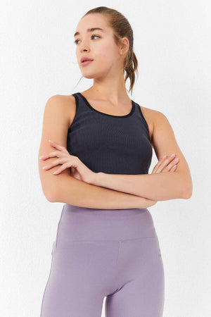 Tommylife Toptan Antrasit Basic Sıfır Kol Dar Kalıp U Yaka Kadın Crop Top Atlet - 97162
