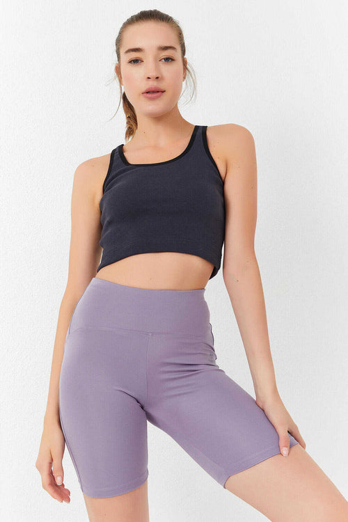Tommylife Toptan Antrasit Basic Sıfır Kol Dar Kalıp U Yaka Kadın Crop Top Atlet - 97162
