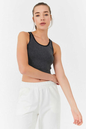 Tommylife Toptan Antrasit Melanj Basic Sıfır Kol Dar Kalıp U Yaka Kadın Crop Top Atlet - 97162