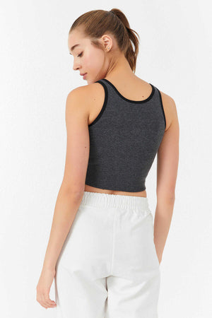Tommylife Toptan Antrasit Melanj Basic Sıfır Kol Dar Kalıp U Yaka Kadın Crop Top Atlet - 97162