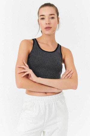 Tommylife Toptan Antrasit Melanj Basic Sıfır Kol Dar Kalıp U Yaka Kadın Crop Top Atlet - 97162