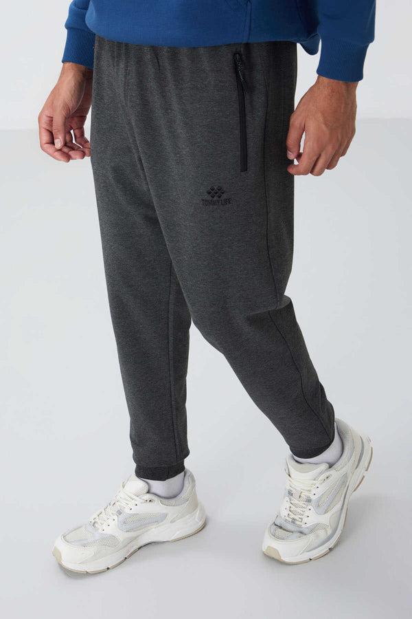 Tommylife Toptan Antrasit Melanj Fermuar Cepli Standart Kalıp Jogger Erkek Eşofman Alt - 84651