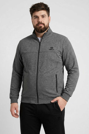 Tommylife Toptan Antrasit Melanj - Siyah Dik Yaka Klasik Paça Büyük Beden Erkek Eşofman Takım - 85176