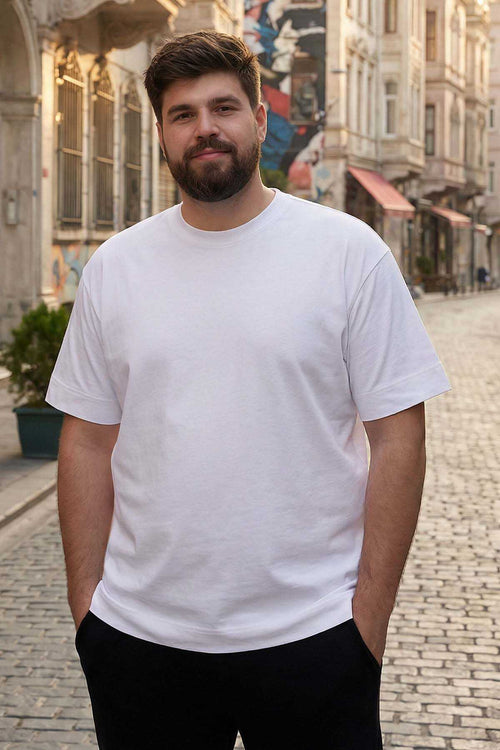 Tommylife Toptan Beyaz Basic Kısa Kol O Yaka Büyük Beden Erkek T-Shirt - 88072