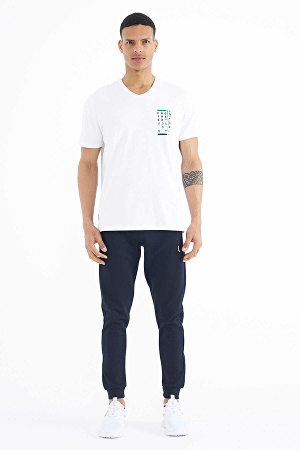 Tommylife Toptan Beyaz Baskı Detaylı V Yaka Standart Kalıp Erkek T-Shirt - 88186