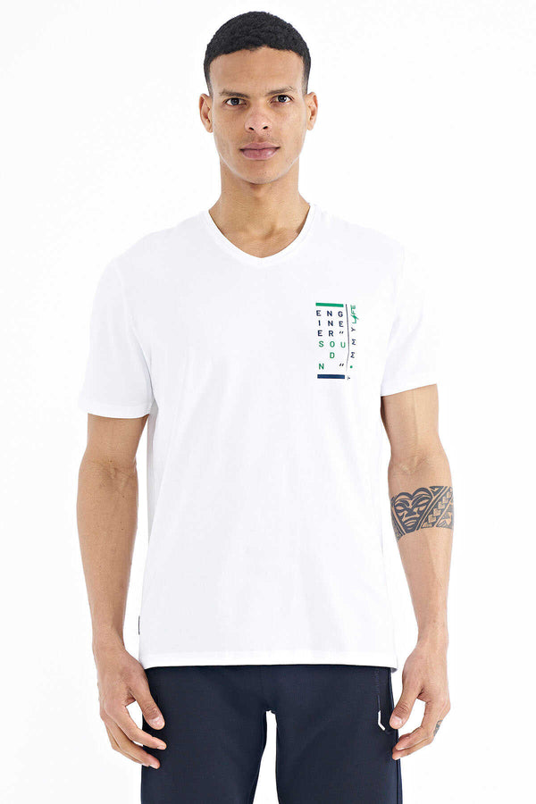 Tommylife Toptan Beyaz Baskı Detaylı V Yaka Standart Kalıp Erkek T-Shirt - 88186