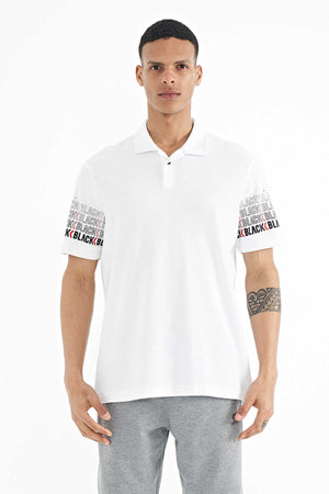 Tricou bărbătesc Tommylife Wholesale, croială standard, cu mânecă albă și imprimeu, guler polo, 88240