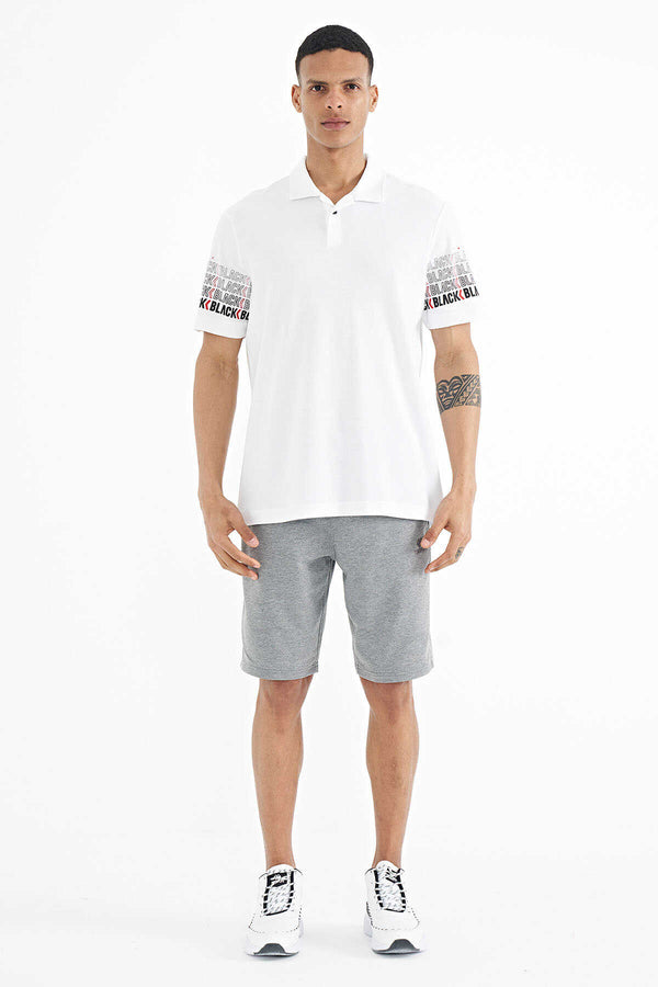 Tricou bărbătesc Tommylife Wholesale, croială standard, cu mânecă albă și imprimeu, guler polo, 88240