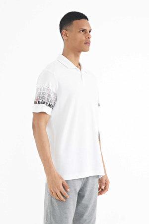 Tricou bărbătesc Tommylife Wholesale, croială standard, cu mânecă albă și imprimeu, guler polo, 88240
