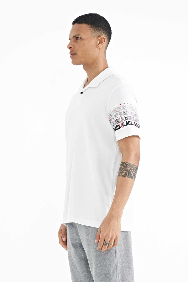 Tricou bărbătesc Tommylife Wholesale, croială standard, cu mânecă albă și imprimeu, guler polo, 88240