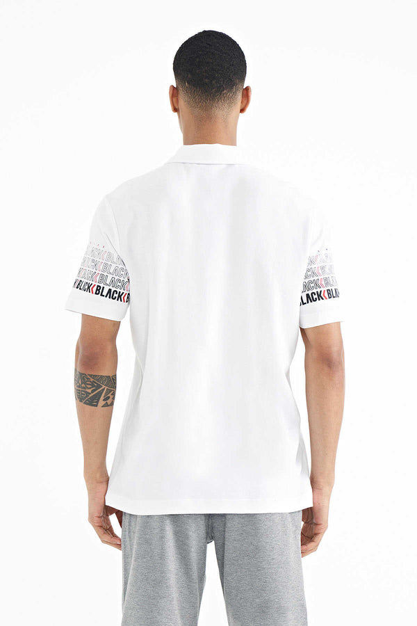 Tricou bărbătesc Tommylife Wholesale, croială standard, cu mânecă albă și imprimeu, guler polo, 88240