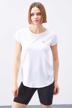 Tommylife Toptan Beyaz Sırt Pencereli Kısa Kol Standart Kalıp O Yaka Kadın T-Shirt - 97101