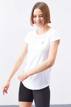 Tommylife Toptan Beyaz Sırt Pencereli Kısa Kol Standart Kalıp O Yaka Kadın T-Shirt - 97101