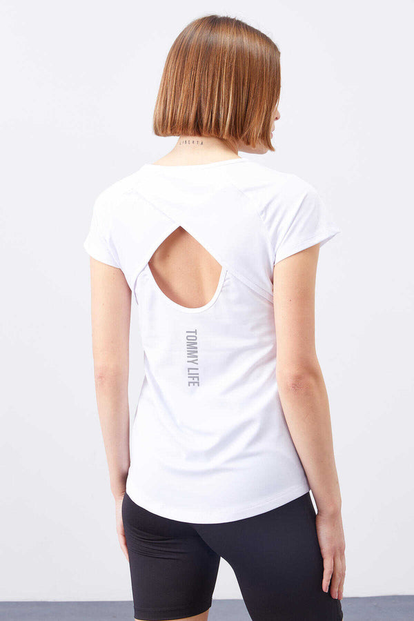 Tricou damă Tommylife Wholesale, alb, cu mânecă scurtă, croială standard, guler rotund, cu fereastră spate - 97101
