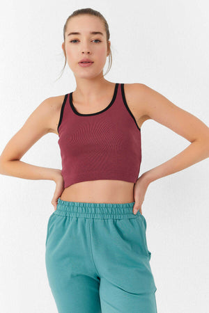Tommylife Toptan Bordo Basic Sıfır Kol Dar Kalıp U Yaka Kadın Crop Top Atlet - 97162