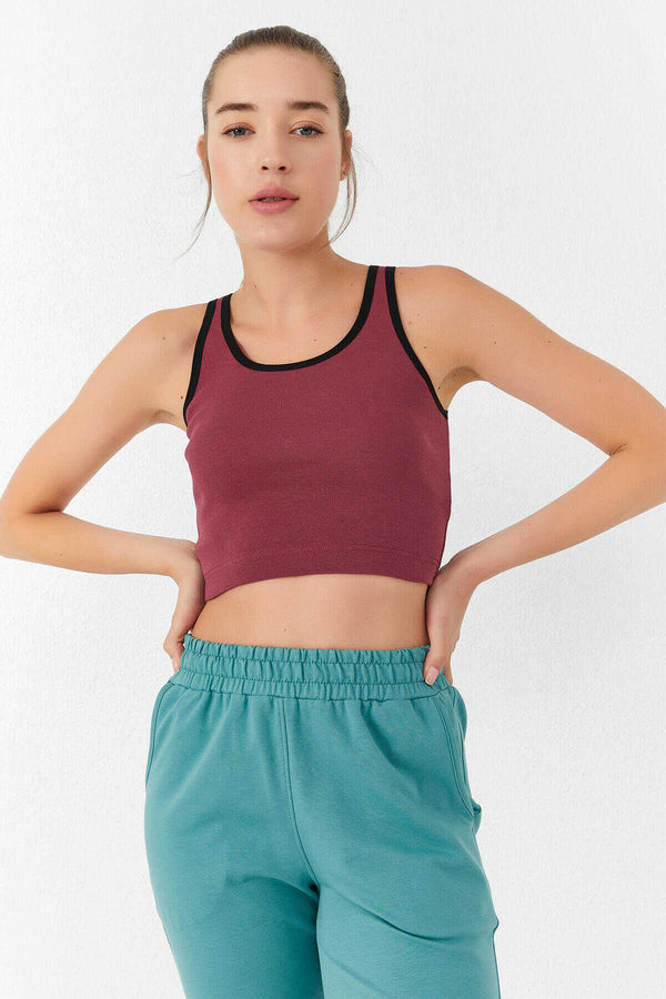Tommylife Toptan Bordo Basic Sıfır Kol Dar Kalıp U Yaka Kadın Crop Top Atlet - 97162