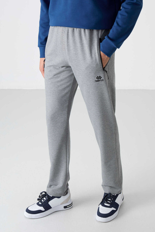 Tommylife Toptan Dar Kalıp Klasik Paça Erkek Eşofman Alt 84671 Gri Melanj