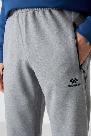 Tommylife Toptan Dar Kalıp Klasik Paça Erkek Eşofman Alt 84671 Gri Melanj