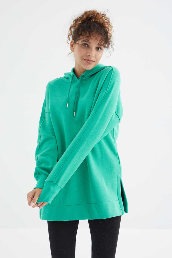 Tommylife Toptan Deniz Yeşili Reglan Kol Basic Kapüşonlu Oversize Tunik - 97242
