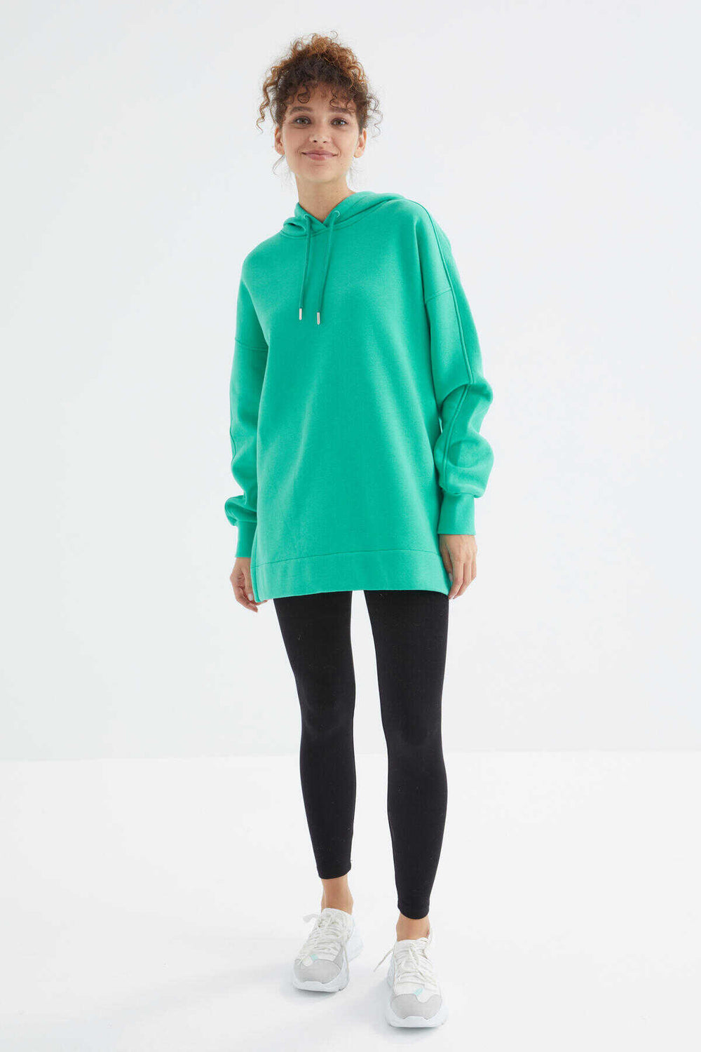 Tommylife Toptan Deniz Yeşili Reglan Kol Basic Kapüşonlu Oversize Tunik - 97242