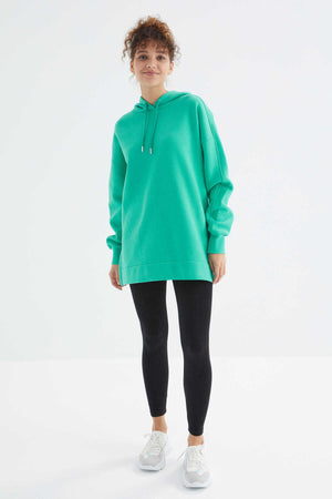 Tommylife Toptan Deniz Yeşili Reglan Kol Basic Kapüşonlu Oversize Tunik - 97242