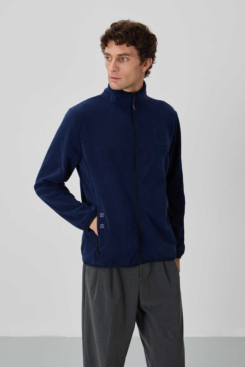 Tommylife Toptan Dik Yaka Standart Kalıp Fermuarlı Erkek Polar Sweatshirt 87992 İndigo
