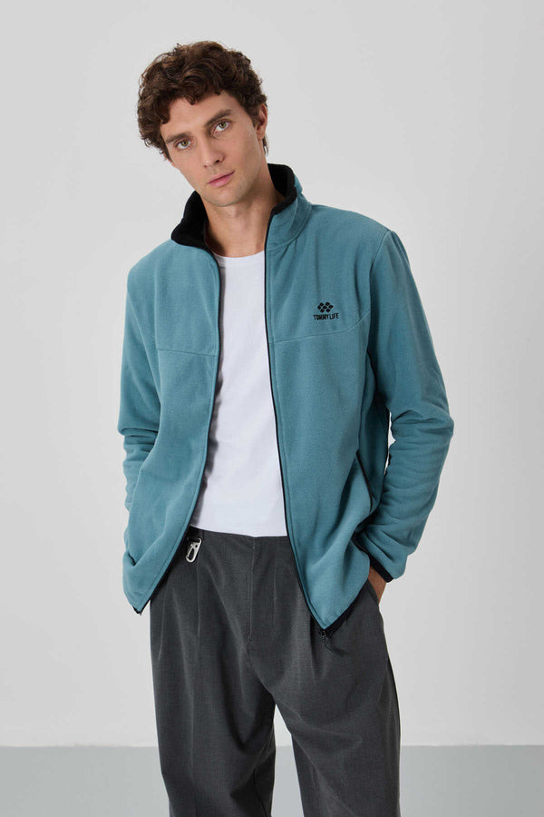 Tommylife Toptan Dik Yaka Standart Kalıp Fermuarlı Erkek Polar Sweatshirt 87992 Mint Yeşili