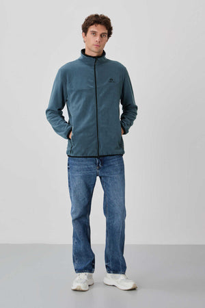 Tommylife Toptan Dik Yaka Standart Kalıp Fermuarlı Erkek Polar Sweatshirt 87992 Petrol