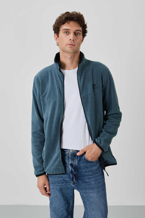 Tommylife Toptan Dik Yaka Standart Kalıp Fermuarlı Erkek Polar Sweatshirt 87992 Petrol