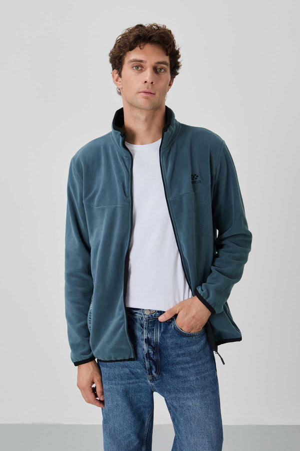 Tommylife Toptan Dik Yaka Standart Kalıp Fermuarlı Erkek Polar Sweatshirt 87992 Petrol