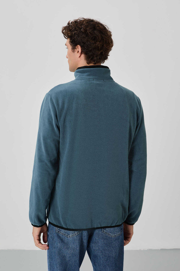Tommylife Toptan Dik Yaka Standart Kalıp Fermuarlı Erkek Polar Sweatshirt 87992 Petrol