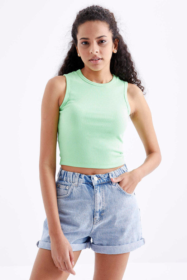 Tommylife Toptan Fıstık Yeşil Basic Kolsuz O Yaka Kadın Crop Top Atlet - 97204