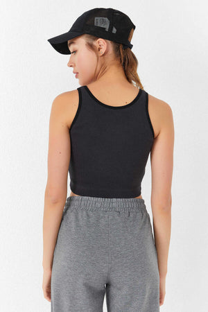 Tommylife Toptan Füme Basic Sıfır Kol Dar Kalıp U Yaka Kadın Crop Top Atlet - 97160