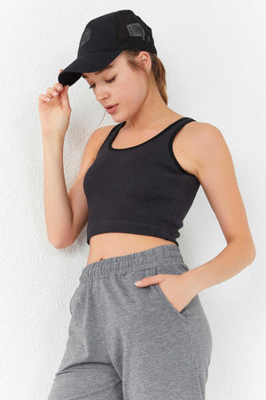 Tommylife Toptan Füme Basic Sıfır Kol Dar Kalıp U Yaka Kadın Crop Top Atlet - 97160
