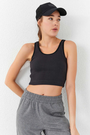 Tommylife Toptan Füme Basic Sıfır Kol Dar Kalıp U Yaka Kadın Crop Top Atlet - 97160