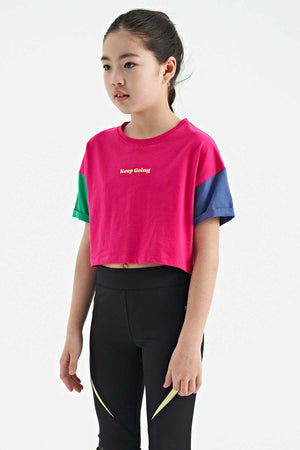 Tommylife Toptan Fuşya Yazı Baskılı O Yaka Düşük Omuzlu Oversize Kız Çocuk T-Shirt - 75130