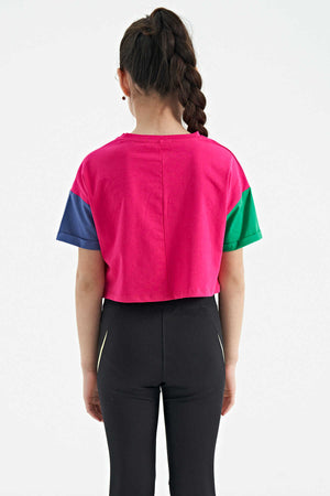 Tommylife Toptan Fuşya Yazı Baskılı O Yaka Düşük Omuzlu Oversize Kız Çocuk T-Shirt - 75130