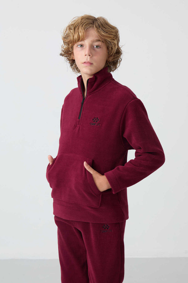 Tommylife Toptan Garson Boy Dik Yaka Erkek Çocuk Polar Eşofman Takımı 11218 Erguvan