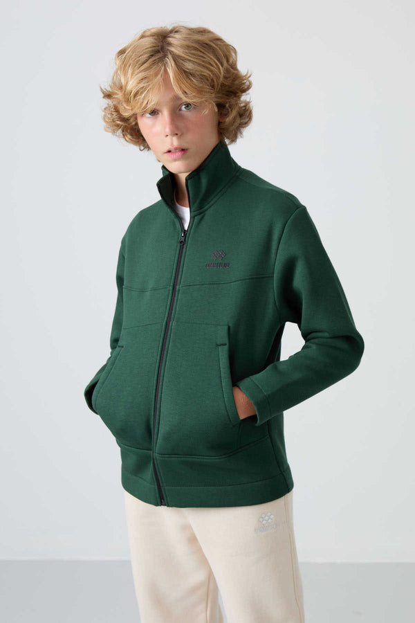 Tommylife Toptan Garson Boy Dik Yaka Standart Kalıp Basic Erkek Çocuk Sweatshirt 11245 Çam Yeşili