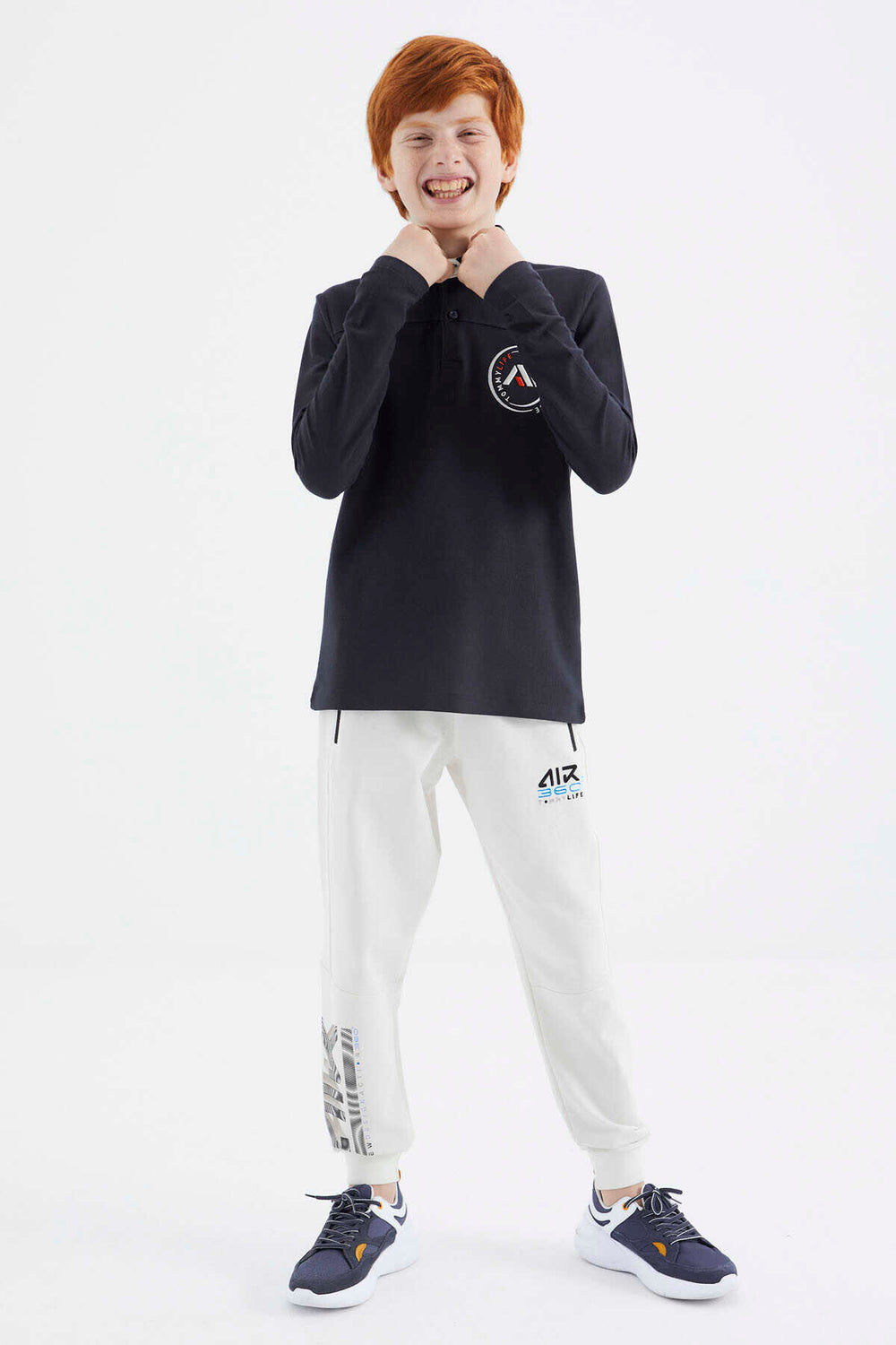 Tommylife Toptan Garson Boy Polo Yaka Standart Kalıp Basic Erkek Çocuk Sweatshirt 11172 Lacivert