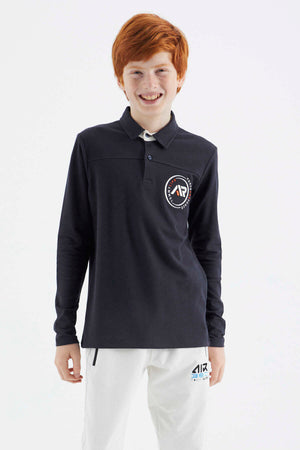 Tommylife Toptan Garson Boy Polo Yaka Standart Kalıp Basic Erkek Çocuk Sweatshirt 11172 Lacivert