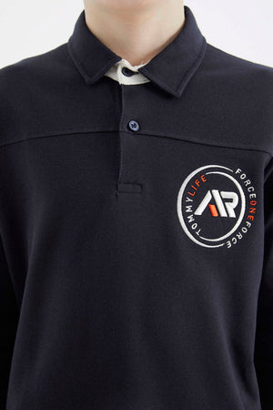 Tommylife Toptan Garson Boy Polo Yaka Standart Kalıp Basic Erkek Çocuk Sweatshirt 11172 Lacivert