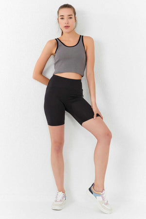 Tommylife Toptan Gri Basic Sıfır Kol Dar Kalıp U Yaka Kadın Crop Top Atlet - 97162
