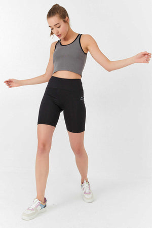 Tommylife Toptan Gri Basic Sıfır Kol Dar Kalıp U Yaka Kadın Crop Top Atlet - 97162